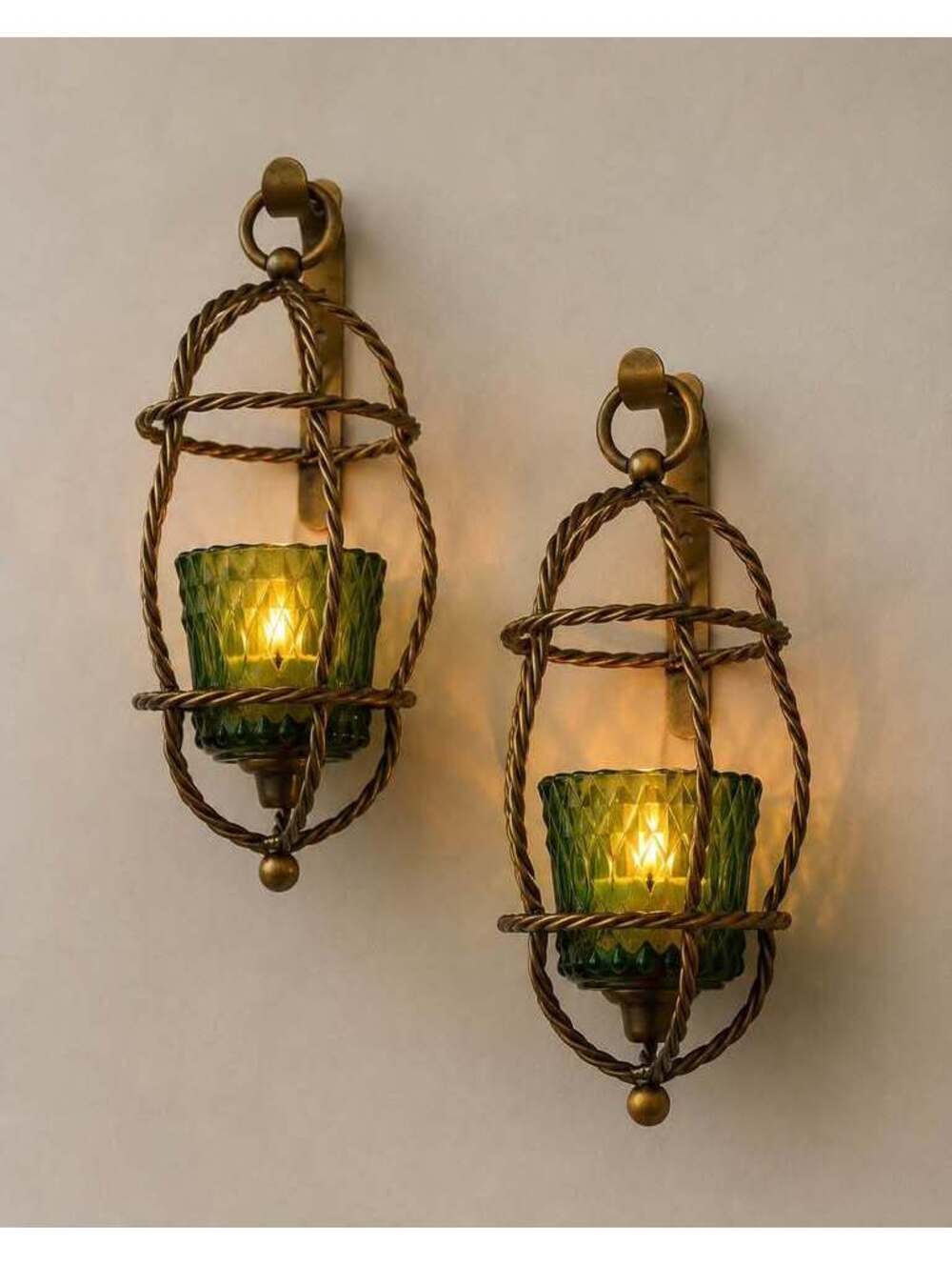 Pair Vintage Twisted Rope Metal Birdcage Wall Sconces Green Glass Candle Holders